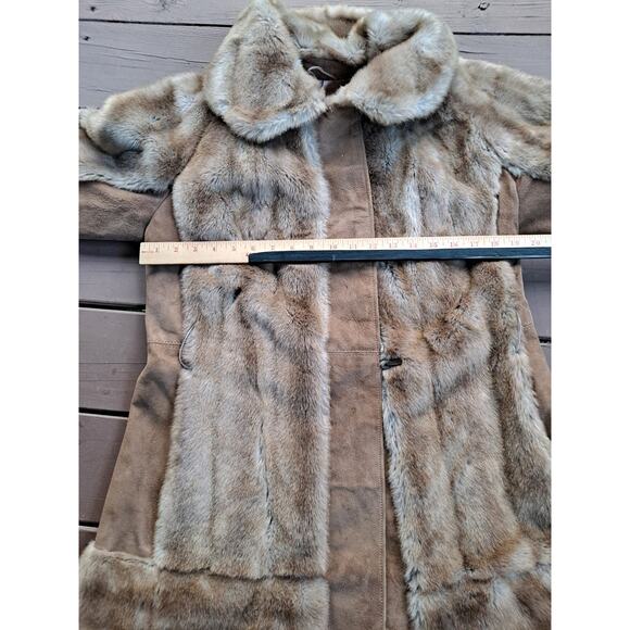 Vtg 70s Lilli Ann San Francisco Faux Fur Coat Tan Suede Trim Mod England - Picture 10 of 13